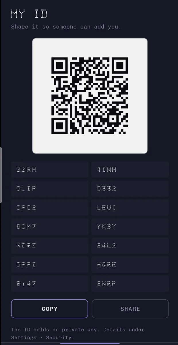 Der eigene Ausweis: ein QR-Code und dieselbe Adresse in
                  vierzehn Blöcken zum Vorlesen.